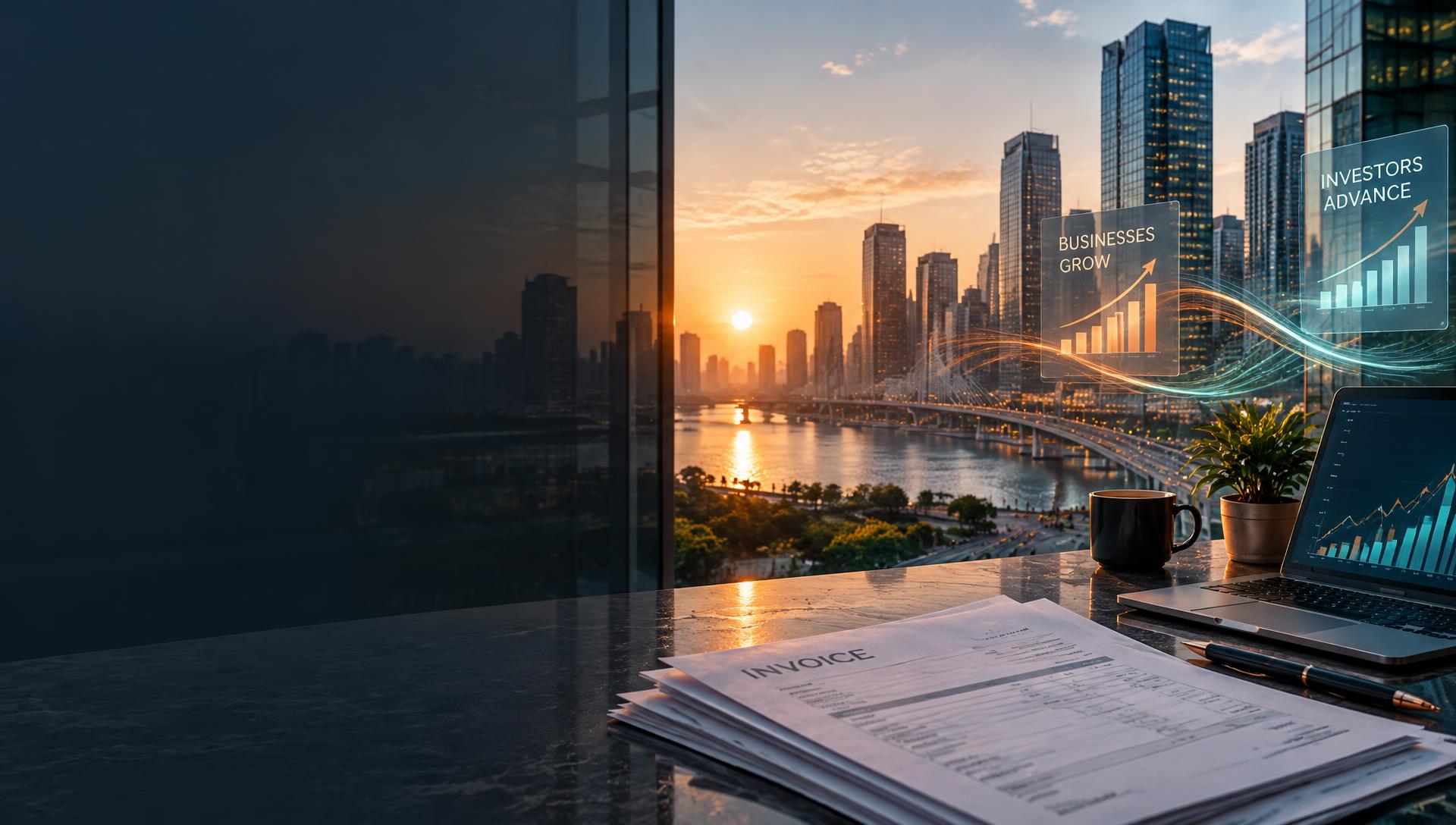 Growing city economy with business invoices and financial analytics